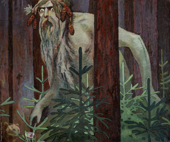 Порозина Марина Валерьевна. Копия графической иллюстрации `Леший` Н.Н.Брута. Холст, масло. 50х60. 2021. Собрание художника-копииста.