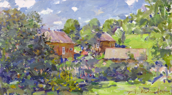 Шевелёв Александр Викторович. Июнь в деревне. Картон, масло. 28х50. 2021. Собственность автора.