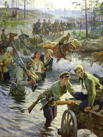 Бабков Сергей Фёдорович. Лужские партизаны в 1943 году. Холст, масло. 181х137. 1986. Военно-исторический музей артиллерии, инженерных войск и войск связи.