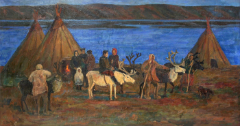 Коновалов Анатолий Николаевич. У оленеводов Таймыра. Холст, масло. 82х153. 1960-е - 1970-е. Краснозёрский художественно-краеведческий музей имени В.И.Коробейникова.