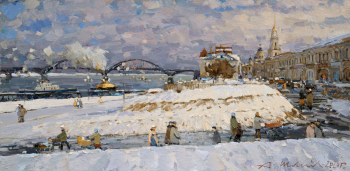 Шевелёв Александр Викторович. Набережная в Рыбинске. ДВП, масло. 30х61,3. 2021. Собственность автора.