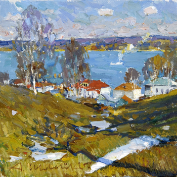 Шевелёв Александр Викторович. Плёс. Последний снег. Холст, масло. 17,5х18. 2022. Собственность автора.