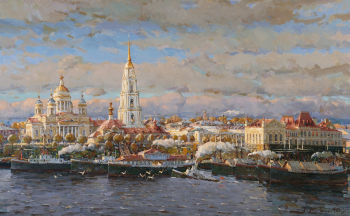 Шевелёв Александр Викторович. Собор и биржа. Осень. Холст, масло. 71,5х121,5. 2014. Частное собрание, Москва.