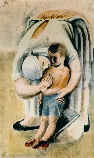 Самохвалов Александр Николаевич. Внимание (Ясли). Бумага, акварель. 43х26,8. 1930. Государственный Русский музей.