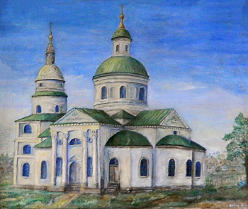 Краевой Евгений Семёнович. Успенский собор в Погаре. Картон, масло. 33х70. 20 век. Музей Радогощ.