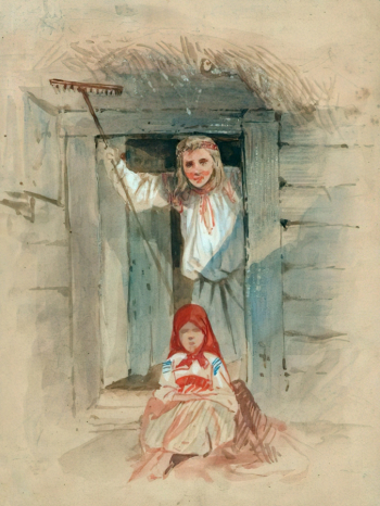 Орлов Афанасий Ульянович. На пороге с граблями. Бумага, акварель. 28х20. 19 век. Раменский историко-художественный музей.