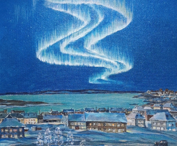 Каунченко Евгений Петрович. Северное сияние. ДВП, масло. 40,5х45,7. 1994. Музей вечной мерзлоты.