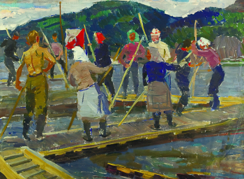Сергеева Нина Алексеевна. На плоту. Ангара. Картон, масло. 73х101. 1950. Ямало-Ненецкий окружной музейно-выставочный комплекс имени И.С.Шемановского.