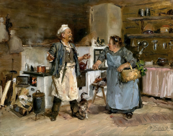 Маковский Владимир Егорович. Опять они ссорятся (Повар и кухарка). Доска, масло. 32х40. 1912. Вологодская областная картинная галерея.