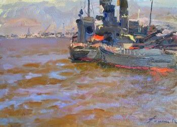 Ромас Яков Дорофеевич. Морбаза ДОСААФ. Астрахань. Холст на картоне, масло. 24,6х34,7. 1961. Астраханская государственная картинная галерея имени П.М.Догадина.