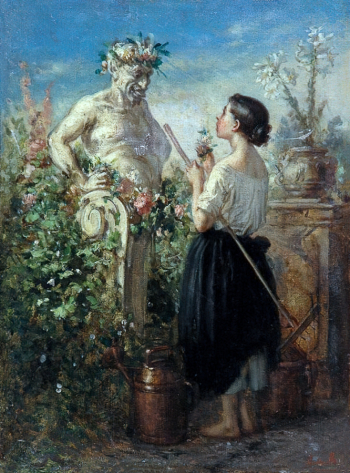Неизвестный художник. Молодая девушка перед статуей сатира. Холст, масло. 32,5х24,5. 19 век. Дальневосточный художественный музей.