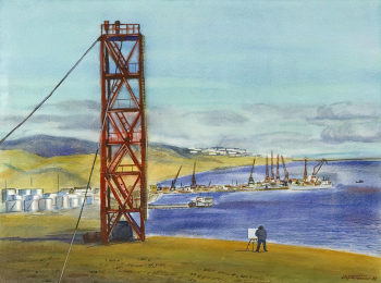Кукушкин Олег Геннадьевич. Порт в Тикси. Бумага, акварель. 56х75,5. 1988. Вятский художественный музей имени В.М. и А.М. Васнецовых.
