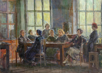 Пейсахович Абрам Израилевич. Девушки Дорхимзавода. Эскиз. Холст, масло. 60х70. 1937-1938. Государственный музейно-выставочный центр РОСИЗО.