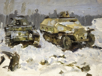 Андрияка Николай Иванович. Танки. Холст, масло. 20,5х27,1. 1946. Государственный музей обороны Москвы.