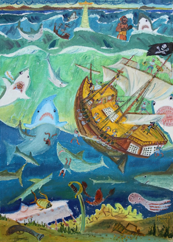 Чесноков Андрей Вячеславович. Акулиная ночь. Холст, масло. 70х50. 2015. Музей русского лубка и наивного искусства.