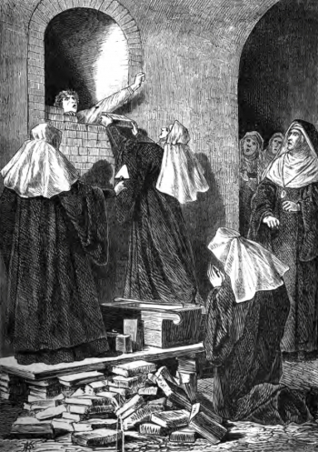 Винценц Кацлер. Замуровывание монахини. Бумага, литография. 1868. `Dunkle Geschichten aus Oesterreich` (Moritz Bermann).