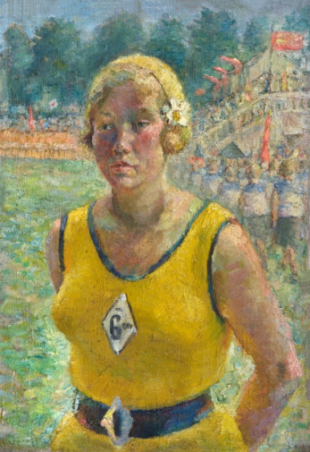 Отнякин Николай Александрович. Физкультурщица (На стадионе). Холст, масло. 71,5х49,5. 1934. Тамбовская областная картинная галерея.