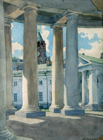 Лансере Николай Евгеньевич. За колоннами. Бумага на картоне, акварель. 31,8х23,5. 1907. Тульский музей изобразительных искусств.