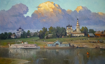 Сотсков Геннадий Алексеевич. Прощание с городом Мологой (Старая Молога). Оргалит, масло. 50х80. 1989. Угличский государственный историко-архитектурный и художественный музей.