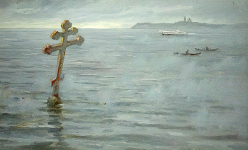 Сотсков Геннадий Алексеевич. Крест Мологи. Оргалит, масло. 53х85. 1989. Угличский государственный историко-архитектурный и художественный музей.