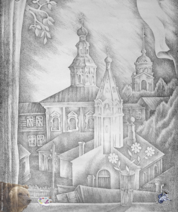 Барциц Рауф Чинчорович. Дворик. Бумага, литография. 46х39. 1995. Частное собрание.