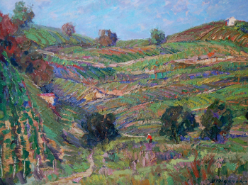 Жданов Юрий Тимофеевич. Южная Моравия. Виноградники. Картон, масло. 50х63. 1979. Сальский музей имени народного художника В.К.Нечитайло.