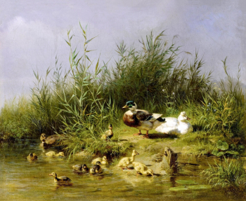 Карл Ютц I. Утиная семья у пруда. Холст, масло. 30,1х37. 1863. Частное собрание.