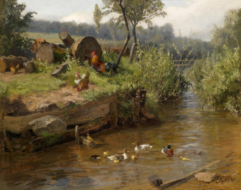 Карл Ютц I. Семья уток у плотины. Холст, масло. 32х40. 1878. Частное собрание.