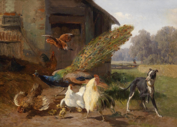 Карл Ютц I. Собака на птичьем дворе. Холст, масло. 46,5х62,5. 1872. Частное собрание.