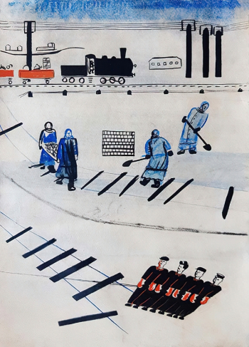 Смирнов Виктор Анемподистович. Укладка железной дороги. Бумага, гуашь. 20 век. Трамвай искусств.