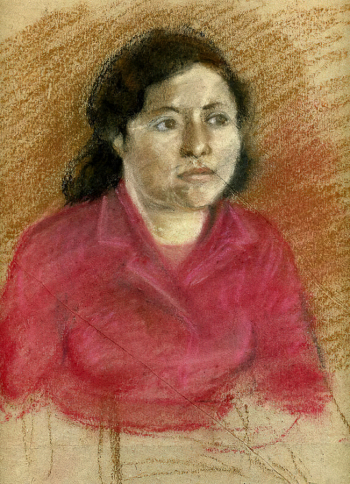 Либерман Залман Рувимович. Женщина в красном. Бумага, пастель. 36,2х27,2. 1935. Нижнетагильский музей изобразительных искусств.