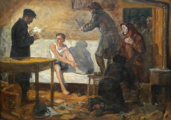 Горелов Ростислав Гаврилович. Арест. Холст на картоне, масло. 50х70. 1991-1995. Государственный центральный музей современной истории России.