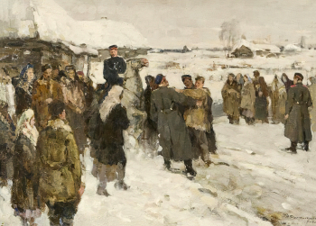Фурманков Николай Алексеевич. Арест в деревне. Холст, масло. 64х90. 1955. Научно-исследовательский музей при Российской академии художеств.