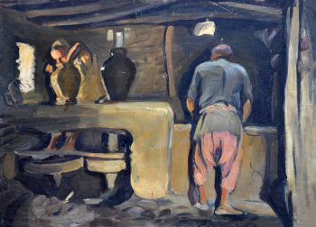 Рянгина Серафима Васильевна. Гончарная мастерская. Картон, масло. 36,2х50,8. 1925. Оренбургский областной музей изобразительных искусств.