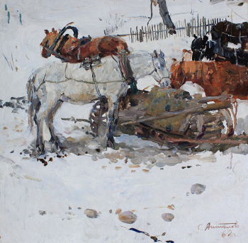 Антонов Сергей Георгиевич. Лошади у изгороди. Холст, масло. 49х47. 1962. Таганрогский художественный музей.