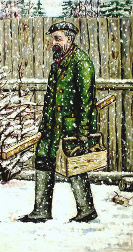 Грабекин Владимир Михайлович. Плотник Н.Г.Рябов. Оргалит, масло. 59,5х31,5. 1972. Всероссийский музей декоративно-прикладного и народного искусства.