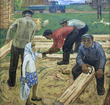 Рудин Пётр Максимович. Колхозные плотники. Холст, масло. 130х135. 1970. Музейный комплекс имени Ивана Яковлевича Словцова.