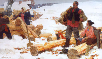 Фаттахов Лотфулла Абдульменович. Свежие срубы. Холст, масло. 120,5х204,8. 1959. Государственный музей изобразительных искусств Республики Татарстан.