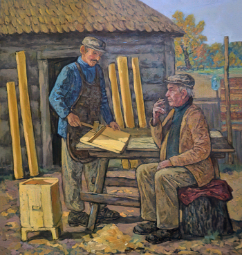 Ходюк (Курзанова) Наталья Александровна. Плотники. Холст, масло. 90х82. 2006. Карасукский краеведческий музей.