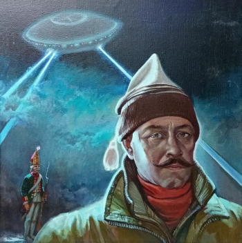 Завалий Александр Михайлович. Автопортрет на фоне НЛО. Холст, масло. 50х50. 1992. Геленджикский историко-краеведческий музей.