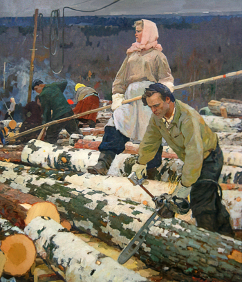 Белых Алексей Павлович. Лесорубы. Молодёжная бригада. Холст, масло. 146х125. 1963. Костромской государственный историко-архитектурный и художественный музей-заповедник.