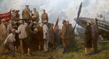 Данилевский Евгений Иванович. Малый театр фронту. Холст, масло. 160х300. 1985-1986. Центральный музей Великой Отечественной войны 1941-1945 гг.