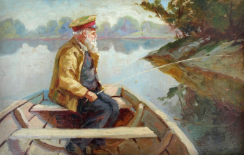 Пахомов Дмитрий Александрович. На рыбалке. Холст на картоне, масло. 34,5х51,5. 1914. Мемориальный музей-усадьба художника Н.А.Ярошенко.