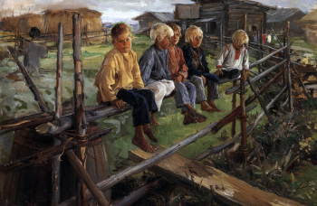 Прянишников Илларион Михайлович. Воробьи (Ребята на изгороди). Холст, масло. 30х45. 1880-е. Ивановский областной художественный музей.