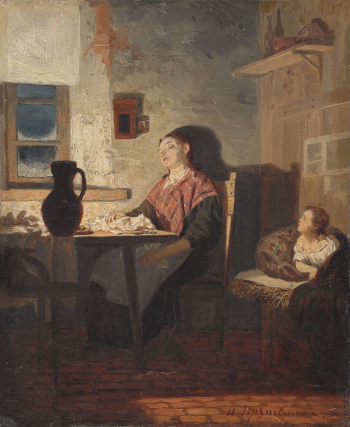 Прянишников Илларион Михайлович. Швея. Холст, масло. 31х25,5. 1875. Государственная Третьяковская галерея.