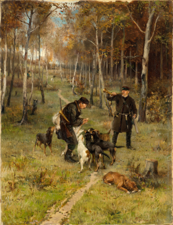 Прянишников Илларион Михайлович. Конец охоты. Холст, масло. 89,3х69. 1884. Государственная Третьяковская галерея.