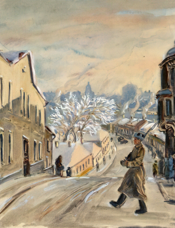 Расторгуев Сергей Николаевич. Патруль на улицах Москвы. Бумага, акварель. 44,5х34. 1941. Ростовский областной музей изобразительных искусств.