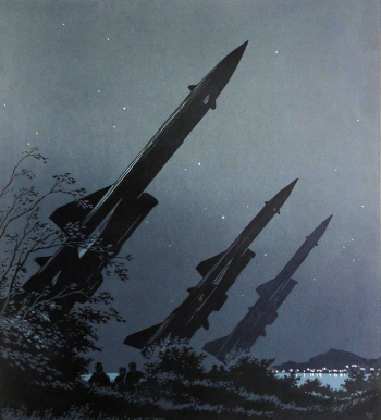 Баранов Пётр Иванович. На страже Родины. Бумага, цветная линогравюра. 49х46. 1961. Соликамский краеведческий музей.