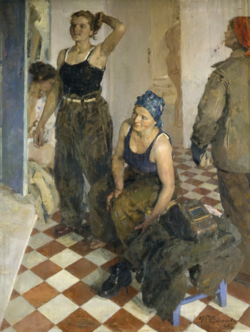 Смирнова Галина Александровна. Сварщицы. В заводской гардеробной. Холст, масло. 169х128. 1960. Художественная культура Русского Севера.
