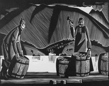Петров-Камчатский Виталий Натанович. Бондари. Бумага, линогравюра. 43х54,5. 1966. Омский областной музей изобразительных искусств имени М.А.Врубеля.